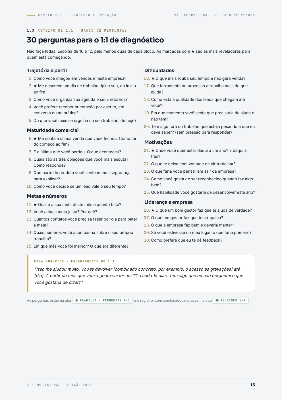Página do e-book com as 30 perguntas do 1:1